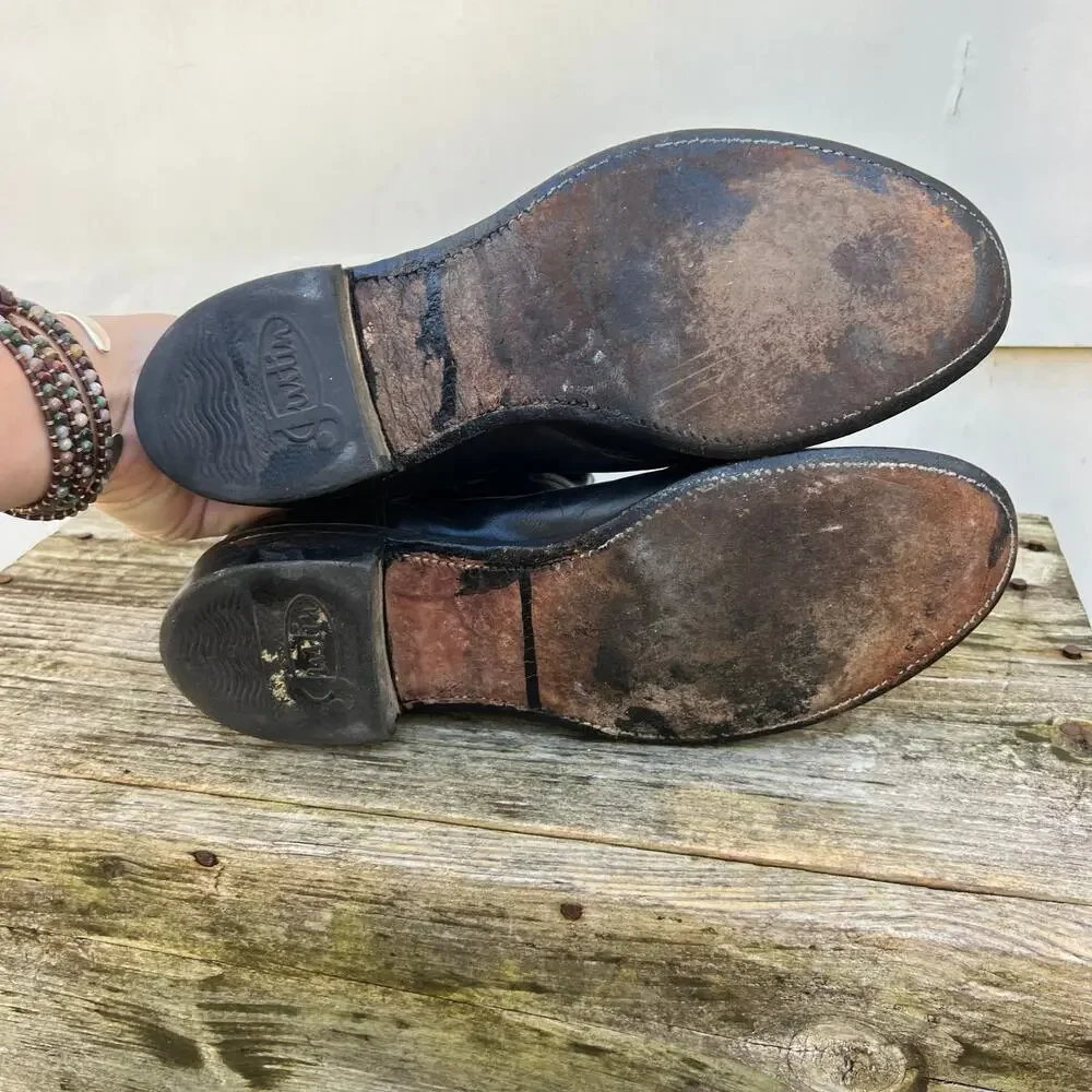 Vintage Justin Boots Black Roper Pull On Round Toe Cowboy Western 3133 8 1/2 D